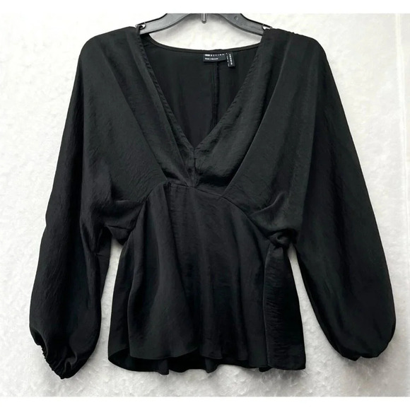 ASOS Blouse Womens 0 Black V Neck Peplum Elastic Back Waist Long Sleeve Pullover - Picture 1 of 12